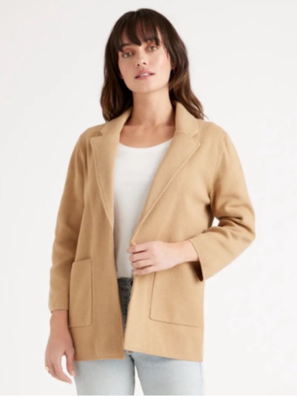 Quince 100% Organic Cotton Knit Blazer Size XL Camel Tan Neutral Cardigan Work